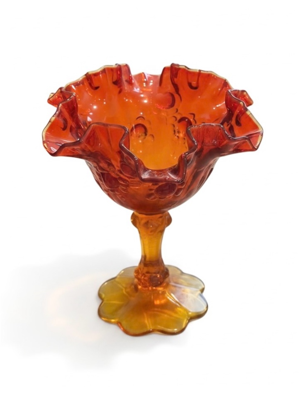 Vintage 1970 Fenton Amberina Glass Pedestal Compote Bowl Cabbage Rose Ruffle MCM